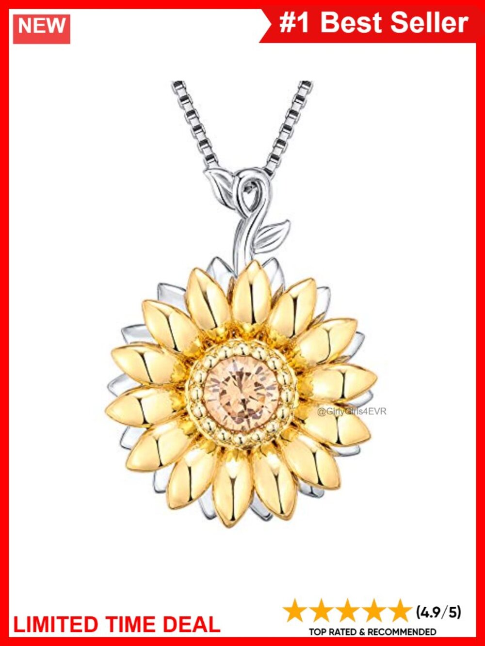 S925 Sterling Silver Sunflower Pendant Necklace with 5A Cubic Zirconia